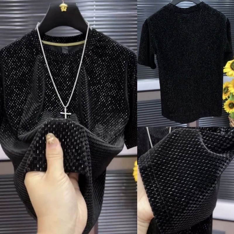 Light Luxury Shiny Short-Sleeved T-Shirt for Men, New Summer Style, Round Neck, High-End Elastic Base Shirt, Casual Black Half-Sleeve