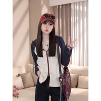 Double-ended zipper versatile hooded jacket for women autumn new 2024 design contrasting color casual long-sleeved top trendy