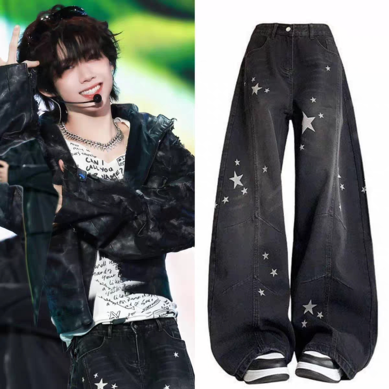 Tf Family Chen Yiheng Style High Street Star Print Scimitar Jeans Unisex Design Slimming Wide-Leg Pants