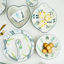 Nordic green shade tableware ceramic bowl plate household dish soup plate deep plate fruit salad plate Western plate steak plate