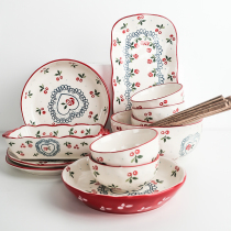 Cherry Bowl set tableware set tableware household 2-person ceramic tableware simple Japanese rice bowl dish fish dish dish