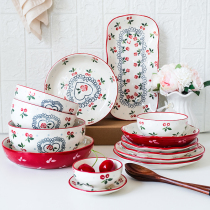Japanese household dishes and dishes tableware set creative personality ceramic eating bowl soup bowl Cherry plate fish plate fish plate