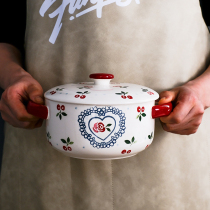 Cherry double ear bowl home large ceramic bowl with lid student dormitory cute noodle bowl Japanese big soup bowl porridge bowl