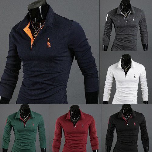 Long Sleeve Lapel Mens T-Shirt Solid Color Top