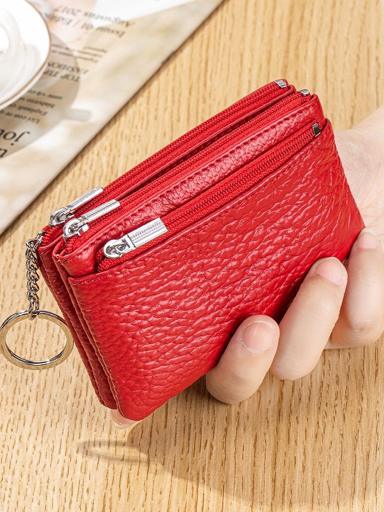 Three-Layer Zipper Coin Purse for Women, Genuine Leather Large-Capacity Storage Bag, Card Holder, Fashionable Short Coin Bag, Key Bag