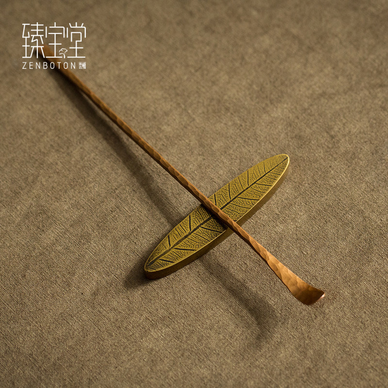 Zhen Bao Tang Tea Spoon Tea Pillow Pure Copper Fetch Tea Spoon Handmade Fu Tea With Tea Dao 6 Gentleman Accessories Bronze Leaf two sets