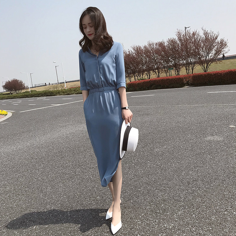 蓝色开叉长裙2018春夏新款女装韩版收腰显瘦气质中袖雪纺连衣裙女