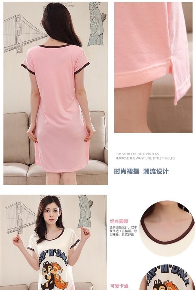 Bộ đồ ngủ nữ mùa hè ngắn tay mỏng với miếng đệm ngực phiên bản Hàn Quốc của đồ lót miễn phí váy dài một mảnh dịch vụ tại nhà - Đêm đầm váy mặc nhà dễ thương