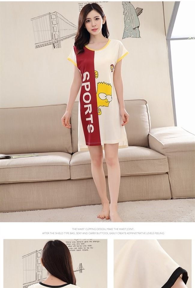 Bộ đồ ngủ nữ mùa hè ngắn tay mỏng với miếng đệm ngực phiên bản Hàn Quốc của đồ lót miễn phí váy dài một mảnh dịch vụ tại nhà - Đêm đầm váy mặc nhà dễ thương