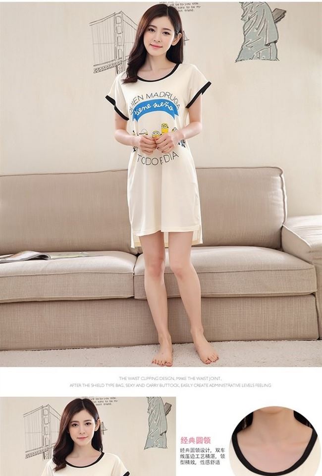 Bộ đồ ngủ nữ mùa hè ngắn tay mỏng với miếng đệm ngực phiên bản Hàn Quốc của đồ lót miễn phí váy dài một mảnh dịch vụ tại nhà - Đêm đầm váy mặc nhà dễ thương