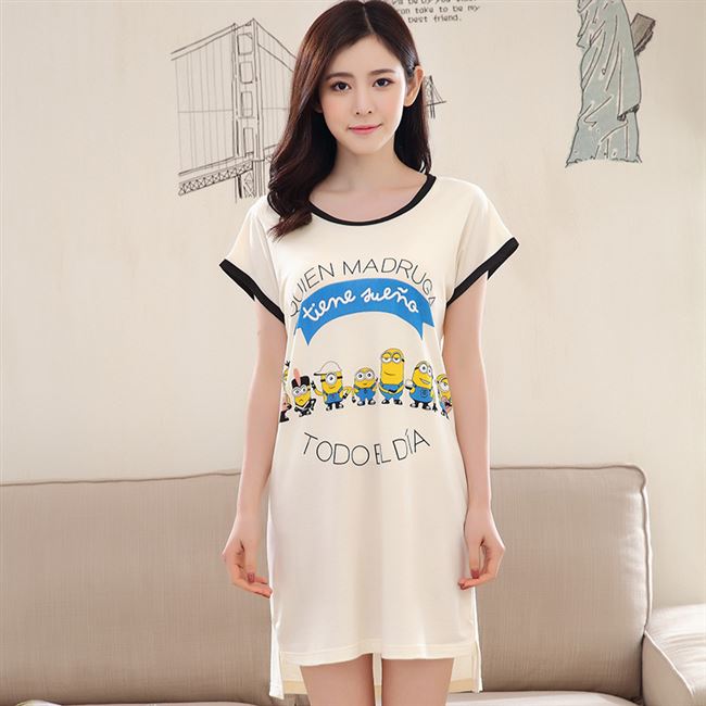 Bộ đồ ngủ nữ mùa hè ngắn tay mỏng với miếng đệm ngực phiên bản Hàn Quốc của đồ lót miễn phí váy dài một mảnh dịch vụ tại nhà - Đêm đầm váy mặc nhà dễ thương