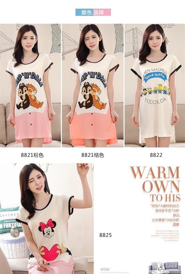 Bộ đồ ngủ nữ mùa hè ngắn tay mỏng với miếng đệm ngực phiên bản Hàn Quốc của đồ lót miễn phí váy dài một mảnh dịch vụ tại nhà - Đêm đầm váy mặc nhà dễ thương