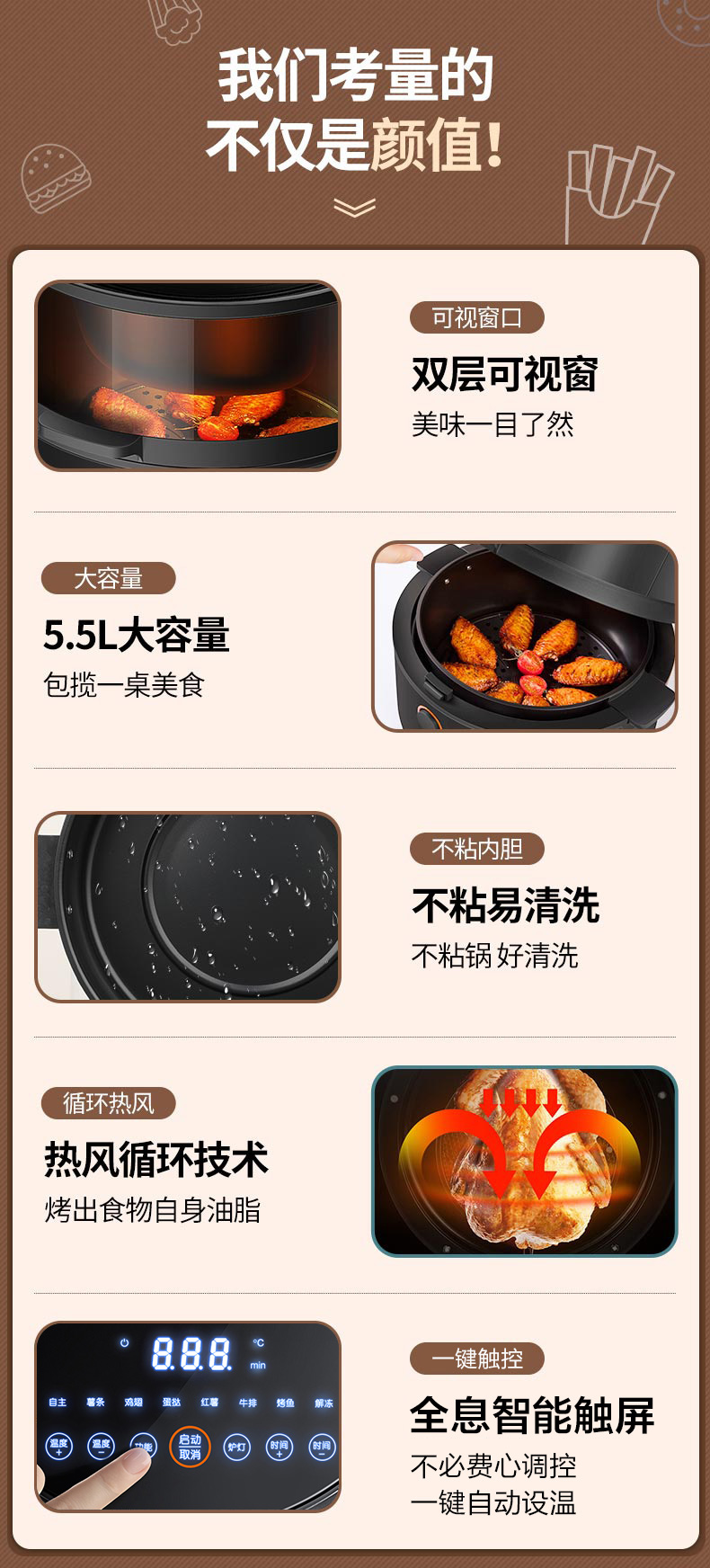 旗舰款 九阳 全息智能触控+透明可视 空气炸锅 5.5L 图1