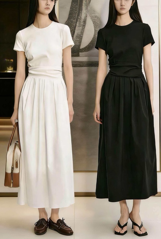 0312 Round Neck Waist-Pleated Long Dress, Commuter Dress, Available in Two Colors