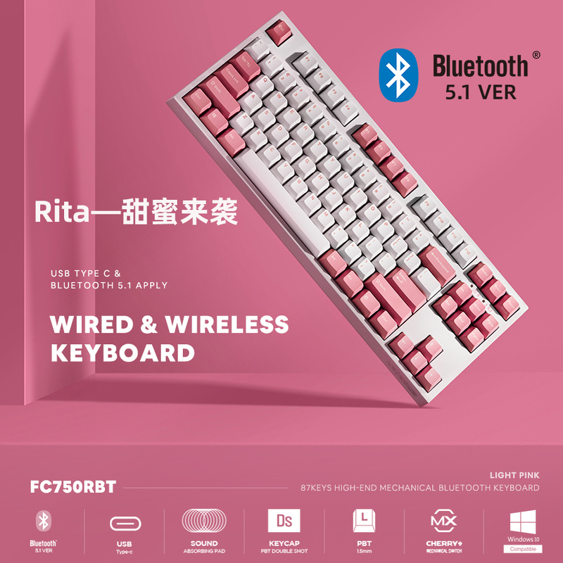 Leopold [Pink and White] Dual-Mode Bluetooth Wired Mechanical Keyboard 87 Keys 104 Keys