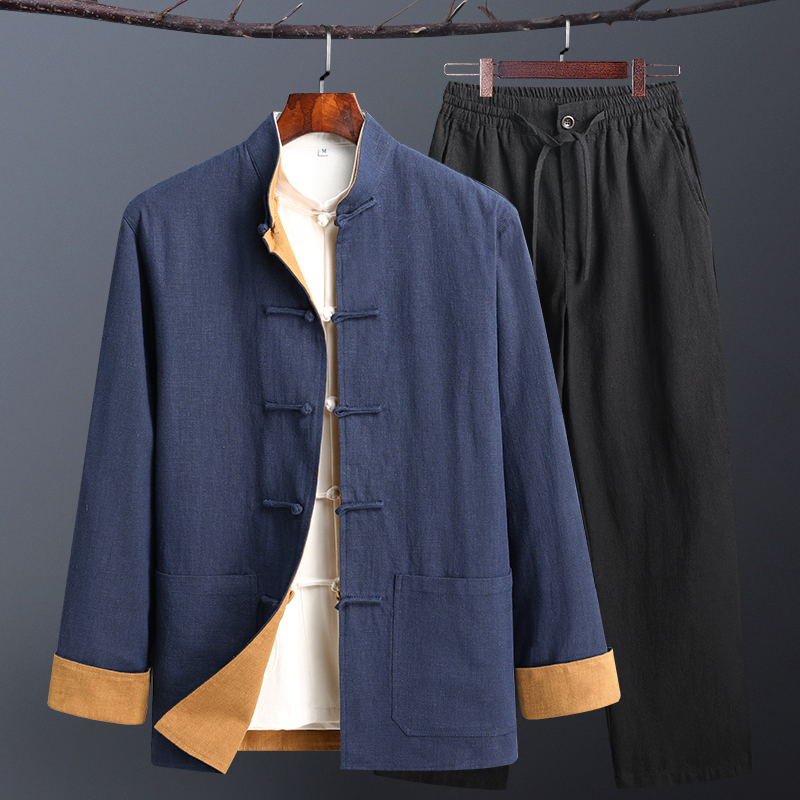 Men's Tang Suit Chinese Style Linen Retro Hanfu Three-Piece Set with Button Closure Reversible New Chinese Style Dad's Spring and Autumn Jacket