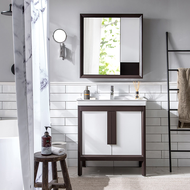 Xiao Meng New Chinese style simple modern bathroom cabinet combination Solid wood hand wash basin cabinet Floor-to-ceiling sink