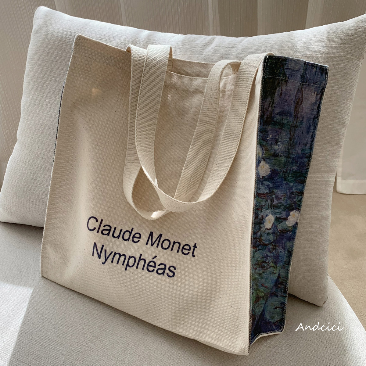 ANDCICI@British Museum Monet Water Lily oil painting canvas bag Women's shoulder bag Large shopping bag Student school bag