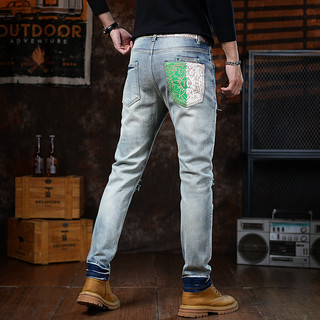香港高端裤腰印花男士牛仔裤痞帅小脚裤弹力假破洞时尚潮流男款