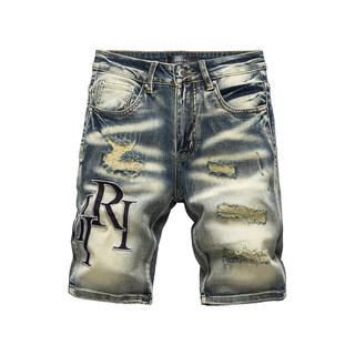 高端轻奢字母牛仔短裤男士做旧直筒显瘦五分裤复古破洞补丁中裤子