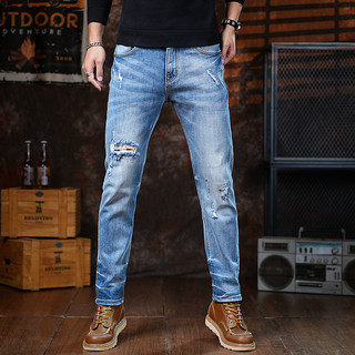 美式高端潮流破洞男士牛仔裤港风轻奢高端弹力小脚裤水洗浅蓝休闲