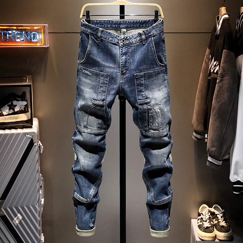 Trendy American-Style Workwear Jeans for Men, Korean Version, Slim Fit, Versatile, High Street, Unique Patchwork Design 2026