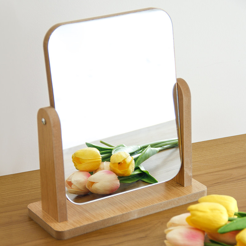 Wood Mirror Makeup Mirror Teenage Girl Dorm Room Student Desktop Desktop Web Red Comb makeup Fold Dorm Room Retro Home