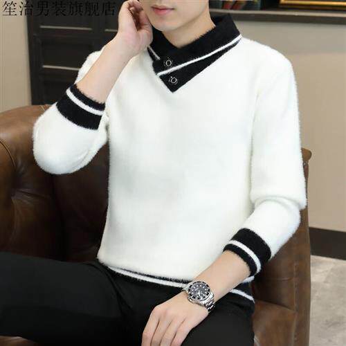 Sheng cured men's cross collar imitation ferret white sweater men's V collar thickened knitted sweatshirt casual hitch bottom-Taobao