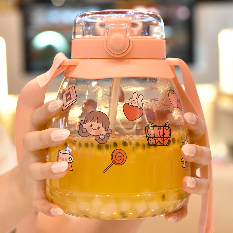 High-value large-capacity straw cup summer scale cup female summer children's kettle belly hug baby bag net red water bottle water cup