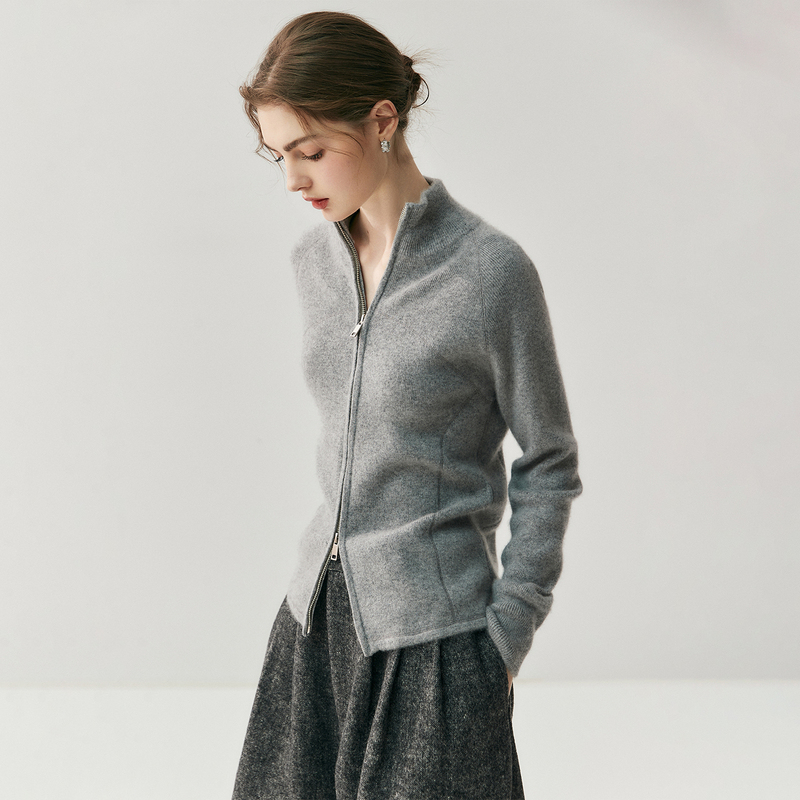 Lulu Style, Seam-Stitched Baby Cashmere Knit Cardigan for Women, Stand Collar, Fitted Wool Sweater Jacket