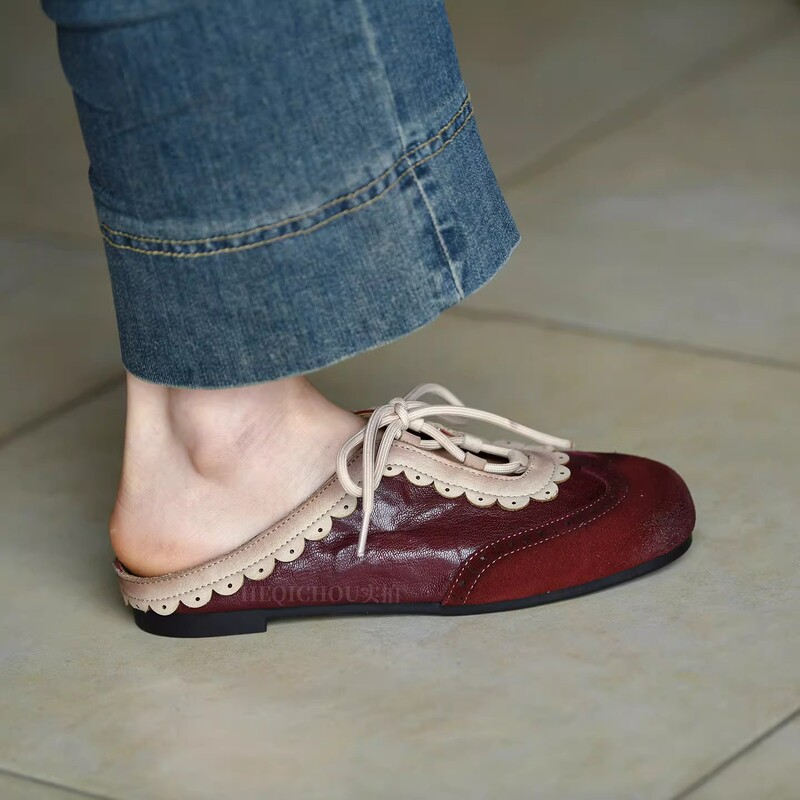 2026 New Retro Palace-Style Lace-Up Closed-Toe Slip-On Women's Outdoor Flat Round-Toe Half Slippers