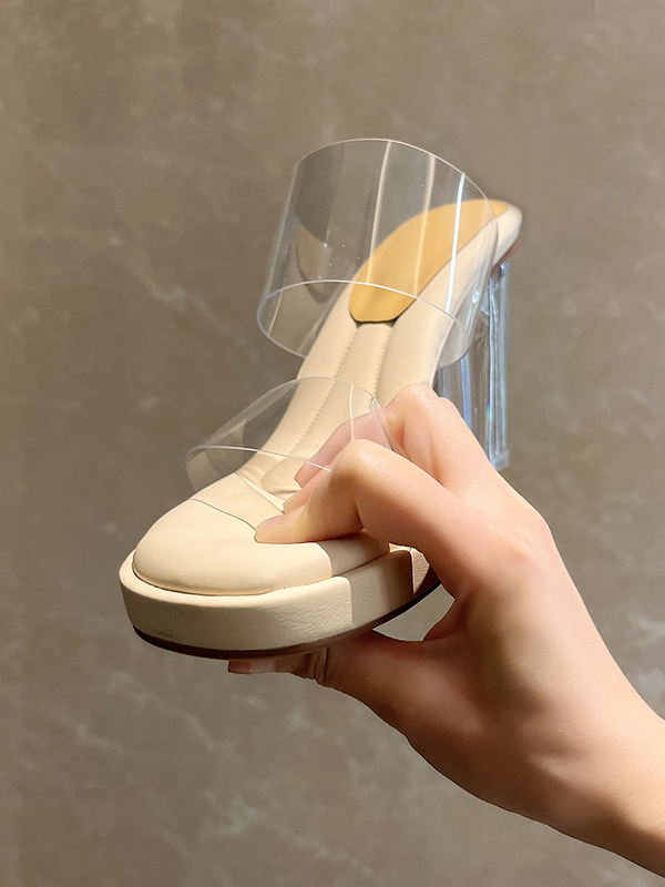 Thick-Soled soft sole One-Strap Platform Ultra-High Heel Sandals for Women, Crystal Chunky Heel Transparent High-Heeled Sandals for Going Out