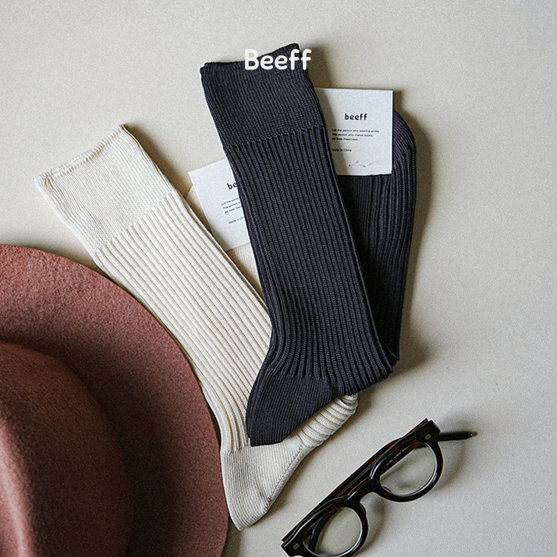 Beeff25Ss Long-Staple Cotton Knit 2X1 Rib Premium Mid-Calf Socks Men's Socks Breathable Seamless Socks Pointed Toe Women's Socks Gift