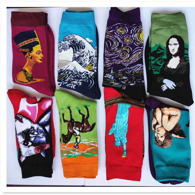 5 pairs of literary creative color tide socks men's and women's socks autumn and winter medium stockings ins cotton socks personality oil painting