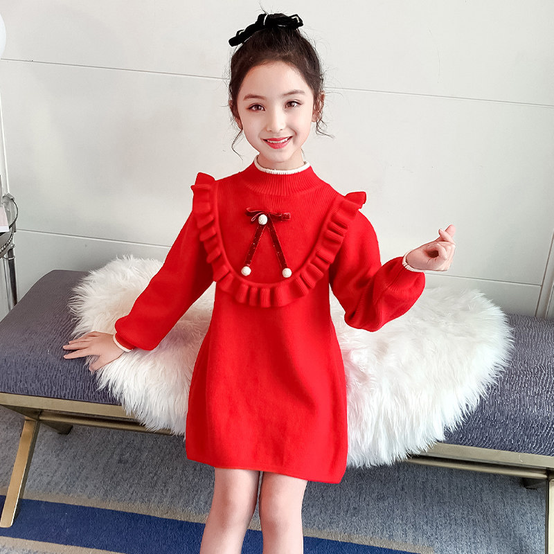 Girls autumn and winter red sweater skirt children's half-high collar thickened knitted skirt Western style girls wear a dress