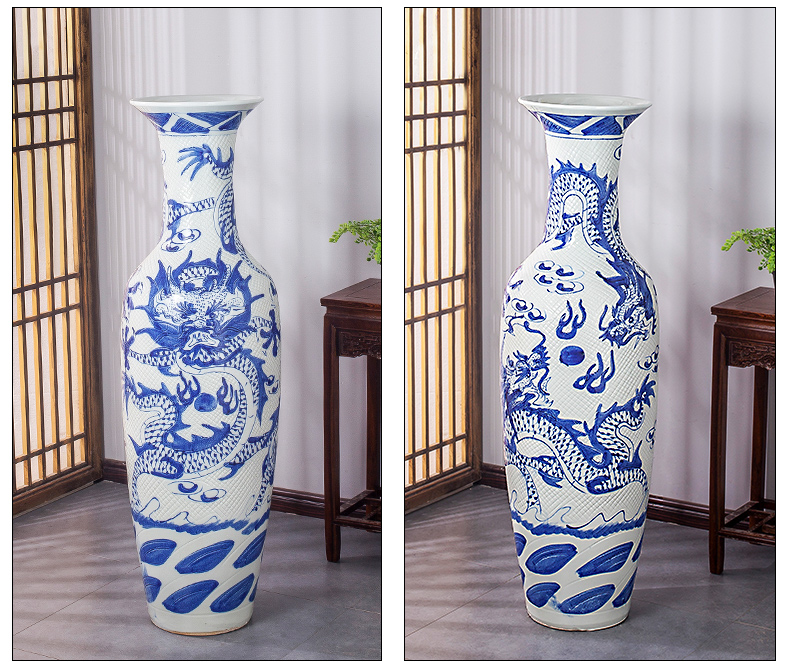 Jingdezhen ceramics antique blue and white dragon carving of large vase household hotel adornment furnishing articles