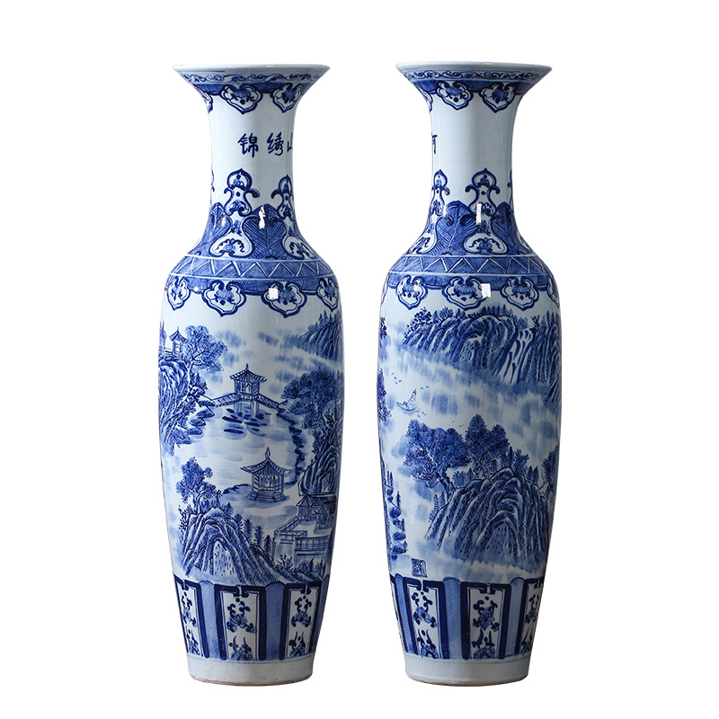 Jingdezhen ceramic floor big sitting room place of blue and white porcelain vases, antique hand - made lotus hotel decorative vase