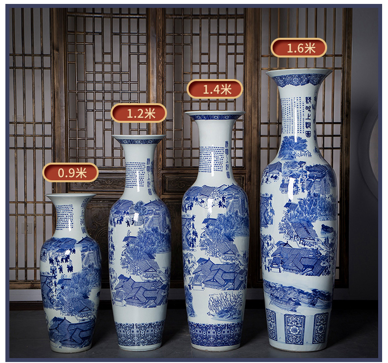 Jingdezhen ceramic floor big vase painting the living room of blue and white porcelain antique qingming festival furnishing articles furnishing articles hotel decoration