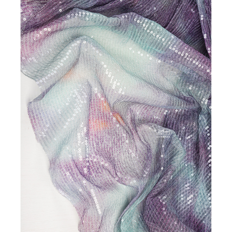 Purple and Green Gradient Sequin Mesh Fabric, Lightweight, See-Through, Shiny Wedding Dress Designer Fabric