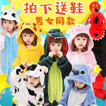 Childrens pajamas Cartoon coral velvet one-piece suit winter thickened cotton autumn cotton childrens female cotton