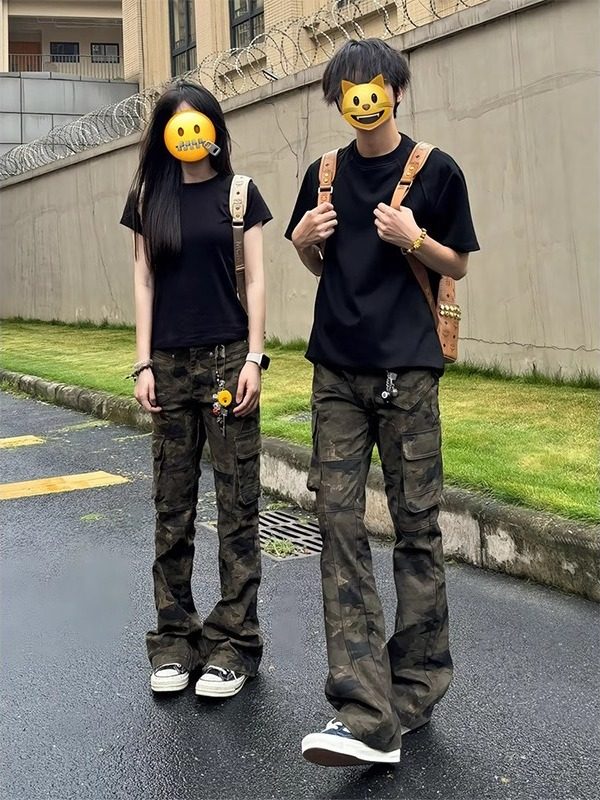 Camouflage Flared Multi-Pocket Cargo Pants for Women, Autumn and Winter, Petite, American Retro Straight-Leg Hiking Outdoor Pants