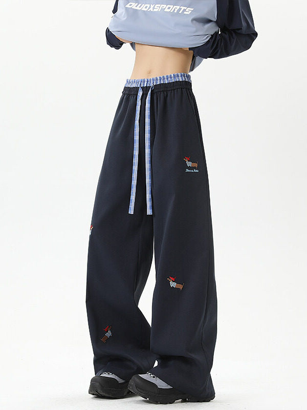 Puppy Embroidered Elastic Waist Pants for Petite Women, Autumn and Winter Sports Loose Straight-Leg Wide-Leg Trousers for Middle and High School Students