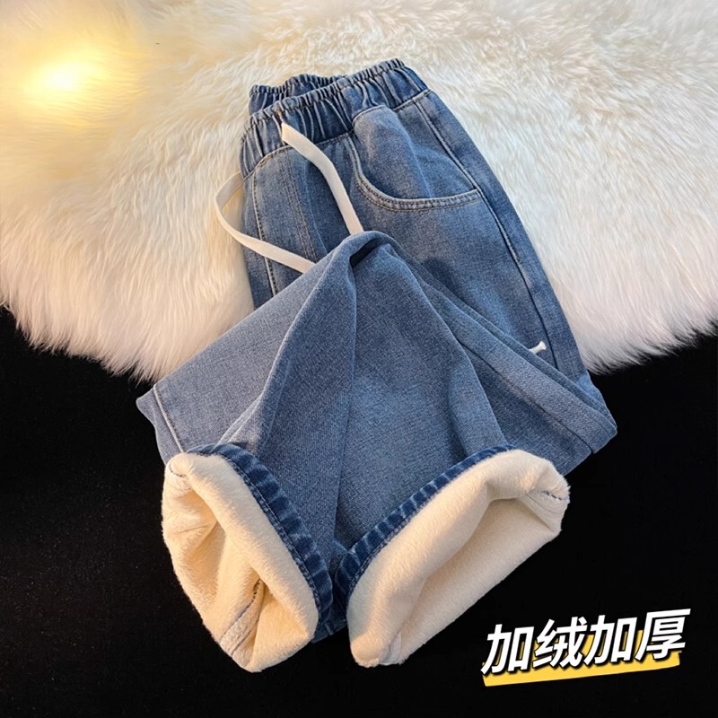 Straight-Leg Fleece-Lined Thickened Petite Women's Jeans for Autumn and Winter, High-Waisted Loose Student Lamb Wool Wide-Leg Pants, Plus Size Straight-Leg Fleece-Lined Thickened Petite Women's Jeans for Autumn and Winter, High-Waisted Loose Student Lamb Wool Wide-Leg Pants, Plus Size
