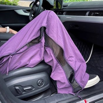 Purple Quick-Drying Autumn Sports Pants for Female Junior High School Students, Loose Wide-Leg Outdoor Hiking Large Size Paratrooper Cargo Pants