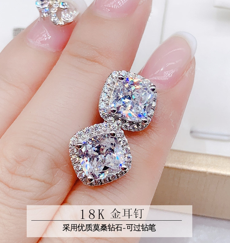 Square drill white diamond mosanstone ear needle female pure silver plated 18k gold square surround drill earrings female group inlaid with earrings