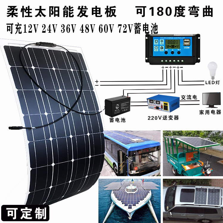 Semi-flexible solar panel photovoltaic panel roof with 220v electric vehicle power generation system charged 12V24V ~ 72V