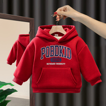 Boy red gush clothing integrated suede 2021 new spring autumn clothing childrens baby letters hoodie sweatshirt for winter