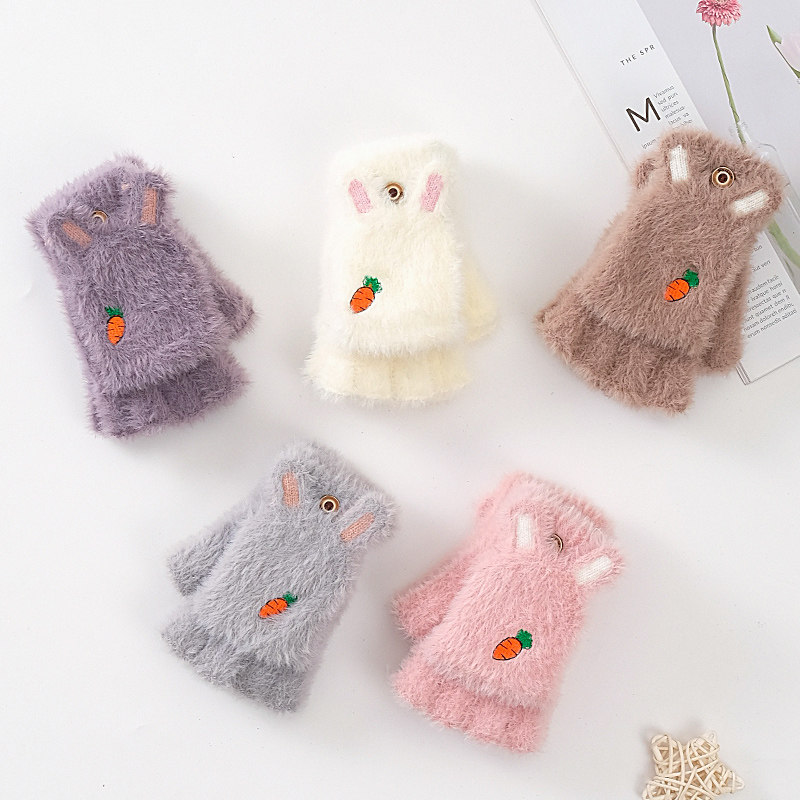 Children Gloves Winter Warm Girl Cute Little Girl Writing Homework Half Cut Finger Flip Gloves