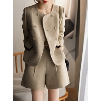 Classic 100 hitch jacket with woolen coarse floras with double-row buttoned small fragrant streak leash chain collision color retro