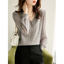 Eastleness and gentle wool comfort Romantic Ambience Pure Color Long Sleeve Hollowed-out Jacquard Splicing Sleeve-Knitted Sweatshirt Blouse